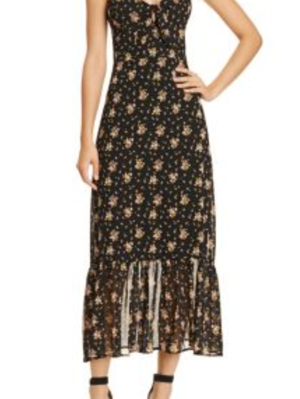 Black Floral Midi Dress with Ruffled Hem